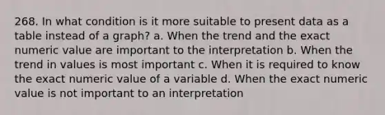 268. In what condition is it more suitable to present data as a table instead of a graph? a. When the trend and the exact numeric value are important to the interpretation b. When the trend in values is most important c. When it is required to know the exact numeric value of a variable d. When the exact numeric value is not important to an interpretation