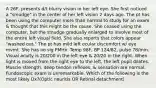 A 26F, presents d/t blurry vision in her left eye. She first noticed a "smudge" in the center of her left vision 2 days ago. The pt has been using the computer more than normal to study for an exam & thought that this might be the cause. She ceased using the computer, but the smudge gradually enlarged to involve most of the entire left visual field. She also reports that colors appear "washed out." The pt has mild left ocular discomfort w/ eye mvmt. She has no sig PMHx. Temp 98F, BP 124/82, pulse 78/min. Visual acuity is 20/200 in the left eye & 20/20 in the right. When light is moved from the right eye to the left, the left pupil dilates. Muscle strength, deep tendon reflexes, & sensation are normal. Fundoscopic exam is unremarkable. Which of the following is the most likely Dx?(Optic neuritis OR Retinal detachment)