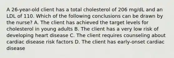 A 26-year-old client has a total cholesterol of 206 mg/dL and an LDL of 110. Which of the following conclusions can be drawn by the nurse? A. The client has achieved the target levels for cholesterol in young adults B. The client has a very low risk of developing heart disease C. The client requires counseling about cardiac disease risk factors D. The client has early-onset cardiac disease