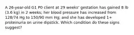 A 26-year-old G1 P0 client at 29 weeks' gestation has gained 8 lb (3.6 kg) in 2 weeks; her blood pressure has increased from 128/74 Hg to 150/90 mm Hg; and she has developed 1+ proteinuria on urine dipstick. Which condition do these signs suggest?