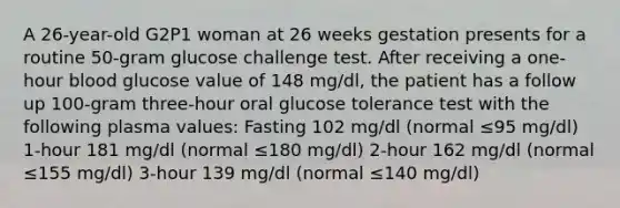 A 26-year-old G2P1 woman at 26 weeks gestation presents for a routine 50-gram glucose challenge test. After receiving a one-hour blood glucose value of 148 mg/dl, the patient has a follow up 100-gram three-hour oral glucose tolerance test with the following plasma values: Fasting 102 mg/dl (normal ≤95 mg/dl) 1-hour 181 mg/dl (normal ≤180 mg/dl) 2-hour 162 mg/dl (normal ≤155 mg/dl) 3-hour 139 mg/dl (normal ≤140 mg/dl)