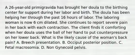 A 26-year-old primigravida has brought her doula to the birthing center for support during her labor and birth. The doula has been helping her through the past 16 hours of labor. The laboring woman is now 6 cm dilated. She continues to report severe pain in her back with each contraction. The client finds it comforting when her doula uses the ball of her hand to put counterpressure on her lower back. What is the likely cause of the woman's back pain? A. Breech presentation. B. Occiput posterior position. C. Fetal macrosomia. D. Non Gynecoid pelvis.