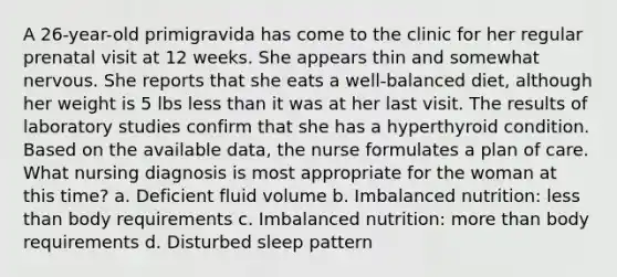 A 26-year-old primigravida has come to the clinic for her regular prenatal visit at 12 weeks. She appears thin and somewhat nervous. She reports that she eats a well-balanced diet, although her weight is 5 lbs less than it was at her last visit. The results of laboratory studies confirm that she has a hyperthyroid condition. Based on the available data, the nurse formulates a plan of care. What nursing diagnosis is most appropriate for the woman at this time? a. Deficient fluid volume b. Imbalanced nutrition: less than body requirements c. Imbalanced nutrition: more than body requirements d. Disturbed sleep pattern