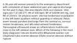 A 26-year-old woman presents to the emergency department with complaints of lower abdominal pain and vaginal discharge for the past 5 days. She also reports chills and malaise. Vital signs are T of 100.3°F, HR of 105 bpm, BP of 145/94 mm Hg, and RR of 20/min. On physical exam, she has tenderness to palpation in the left lower quadrant without guarding or rebound. Pelvic exam reveals purulent discharge from the cervical os, cervical motion tenderness, and left-sided adnexal tenderness. Transvaginal ultrasound shows an inflammatory multilocular mass in the left adnexal area. Which of the following is the most likely diagnosis? AAcute diverticulitis BRuptured ovarian cyst CRuptured tubo-ovarian abscess DTubo-ovarian abscess without rupture