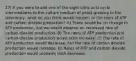 27) If you were to add one of the eight citric acid cycle intermediates to the culture medium of yeast growing in the laboratory, what do you think would happen to the rates of ATP and carbon dioxide production? A) There would be no change in ATP production, but we would observe an increased rate of carbon dioxide production. B) The rates of ATP production and carbon dioxide production would both increase. C) The rate of ATP production would decrease, but the rate of carbon dioxide production would increase. D) Rates of ATP and carbon dioxide production would probably both decrease.