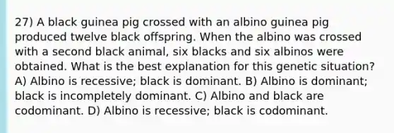 27) A black guinea pig crossed with an albino guinea pig produced twelve black offspring. When the albino was crossed with a second black animal, six blacks and six albinos were obtained. What is the best explanation for this genetic situation? A) Albino is recessive; black is dominant. B) Albino is dominant; black is incompletely dominant. C) Albino and black are codominant. D) Albino is recessive; black is codominant.