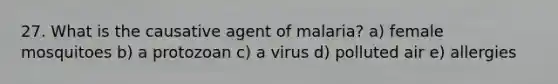 27. What is the causative agent of malaria? a) female mosquitoes b) a protozoan c) a virus d) polluted air e) allergies