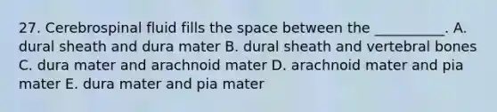 27. Cerebrospinal fluid fills the space between the __________. A. dural sheath and dura mater B. dural sheath and vertebral bones C. dura mater and arachnoid mater D. arachnoid mater and pia mater E. dura mater and pia mater