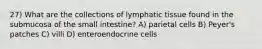 27) What are the collections of lymphatic tissue found in the submucosa of the small intestine? A) parietal cells B) Peyer's patches C) villi D) enteroendocrine cells