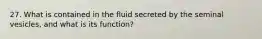 27. What is contained in the fluid secreted by the seminal vesicles, and what is its function?