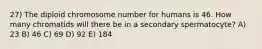 27) The diploid chromosome number for humans is 46. How many chromatids will there be in a secondary spermatocyte? A) 23 B) 46 C) 69 D) 92 E) 184