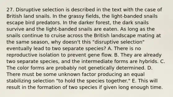 27. Disruptive selection is described in the text with the case of British land snails. In the grassy fields, the light-banded snails escape bird predators. In the darker forest, the dark snails survive and the light-banded snails are eaten. As long as the snails continue to cruise across the British landscape mating at the same season, why doesn't this "disruptive selection" eventually lead to two separate species? A. There is no reproductive isolation to prevent gene flow. B. They are already two separate species, and the intermediate forms are hybrids. C. The color forms are probably not genetically determined. D. There must be some unknown factor producing an equal stabilizing selection "to hold the species together." E. This will result in the formation of two species if given long enough time.