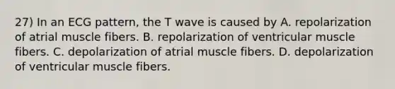 27) In an ECG pattern, the T wave is caused by A. repolarization of atrial muscle fibers. B. repolarization of ventricular muscle fibers. C. depolarization of atrial muscle fibers. D. depolarization of ventricular muscle fibers.