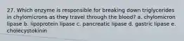 27. Which enzyme is responsible for breaking down triglycerides in chylomicrons as they travel through the blood? a. chylomicron lipase b. lipoprotein lipase c. pancreatic lipase d. gastric lipase e. cholecystokinin