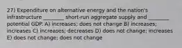 27) Expenditure on alternative energy and the nation's infrastructure ________ short-run aggregate supply and ________ potential GDP. A) increases; does not change B) increases; increases C) increases; decreases D) does not change; increases E) does not change; does not change