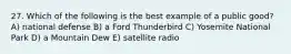 27. Which of the following is the best example of a public good? A) national defense B) a Ford Thunderbird C) Yosemite National Park D) a Mountain Dew E) satellite radio