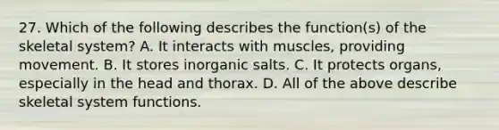 27. Which of the following describes the function(s) of the skeletal system? A. It interacts with muscles, providing movement. B. It stores inorganic salts. C. It protects organs, especially in the head and thorax. D. All of the above describe skeletal system functions.