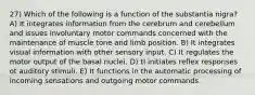 27) Which of the following is a function of the substantia nigra? A) It integrates information from the cerebrum and cerebellum and issues involuntary motor commands concerned with the maintenance of muscle tone and limb position. B) It integrates visual information with other sensory input. C) It regulates the motor output of the basal nuclei. D) tI initiates reflex responses ot auditory stimuli. E) It functions in the automatic processing of incoming sensations and outgoing motor commands.