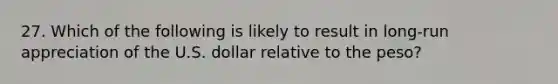 27. Which of the following is likely to result in long-run appreciation of the U.S. dollar relative to the peso?