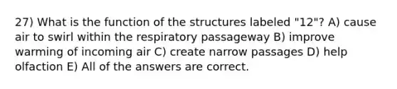 27) What is the function of the structures labeled "12"? A) cause air to swirl within the respiratory passageway B) improve warming of incoming air C) create narrow passages D) help olfaction E) All of the answers are correct.