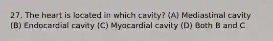 27. The heart is located in which cavity? (A) Mediastinal cavity (B) Endocardial cavity (C) Myocardial cavity (D) Both B and C