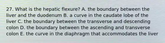 27. What is the hepatic flexure? A. the boundary between the liver and the duodenum B. a curve in the caudate lobe of the liver C. the boundary between the transverse and descending colon D. the boundary between the ascending and transverse colon E. the curve in the diaphragm that accommodates the liver