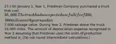 27.) On January 1, Year 1, Friedman Company purchased a truck that cost 35,000. The truck had an expected useful life of 200,000 miles over 8 years and an7,000 salvage value. During Year 2, Friedman drove the truck 33,000 miles. The amount of depreciation expense recognized in Year 2 assuming that Friedman uses the units-of-production method is: (Do not round intermediate calculations.)