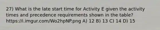 27) What is the late start time for Activity E given the activity times and precedence requirements shown in the table? https:/i.imgur.com/Wo2hpNP.png A) 12 B) 13 C) 14 D) 15