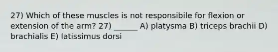 27) Which of these muscles is not responsibile for flexion or extension of the arm? 27) ______ A) platysma B) triceps brachii D) brachialis E) latissimus dorsi
