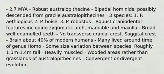 - 2.7 MYA - Robust australopithecine - Bipedal hominids, possibly descended from gracile australopithecines - 3 species: 1. P. aethiopicus 2. P. boisei 3. P. robustus - Robust craniodental features including zygomatic arch, mandible and maxilla - Broad, well enamelled teeth - No transverse cranial crest. Saggital crest - Brain about 40% of modern humans - Many lived around time of genus Homo - Some size variation between species. Roughly 1.3m-1.4m tall - Heavily muscled - Wooded areas rather than grasslands of australopithecines - Convergent or divergent evolution