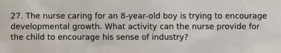 27. The nurse caring for an 8-year-old boy is trying to encourage developmental growth. What activity can the nurse provide for the child to encourage his sense of industry?