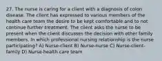 27. The nurse is caring for a client with a diagnosis of colon disease. The client has expressed to various members of the health care team the desire to be kept comfortable and to not continue further treatment. The client asks the nurse to be present when the client discusses the decision with other family members. In which professional nursing relationship is the nurse participating? A) Nurse-client B) Nurse-nurse C) Nurse-client-family D) Nurse-health care team