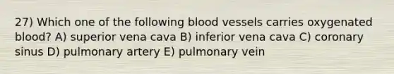 27) Which one of the following blood vessels carries oxygenated blood? A) superior vena cava B) inferior vena cava C) coronary sinus D) pulmonary artery E) pulmonary vein