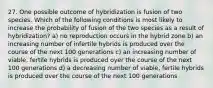 27. One possible outcome of hybridization is fusion of two species. Which of the following conditions is most likely to increase the probability of fusion of the two species as a result of hybridization? a) no reproduction occurs in the hybrid zone b) an increasing number of infertile hybrids is produced over the course of the next 100 generations c) an increasing number of viable, fertile hybrids is produced oyer the course of the next 100 generations d) a decreasing number of viable, fertile hybrids is produced over the course of the next 100 generations