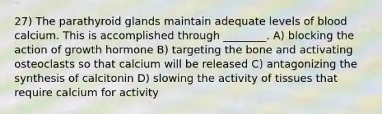 27) The parathyroid glands maintain adequate levels of blood calcium. This is accomplished through ________. A) blocking the action of growth hormone B) targeting the bone and activating osteoclasts so that calcium will be released C) antagonizing the synthesis of calcitonin D) slowing the activity of tissues that require calcium for activity