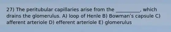 27) The peritubular capillaries arise from the __________, which drains the glomerulus. A) loop of Henle B) Bowmanʹs capsule C) afferent arteriole D) efferent arteriole E) glomerulus