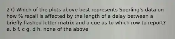 27) Which of the plots above best represents Sperling's data on how % recall is affected by the length of a delay between a briefly flashed letter matrix and a cue as to which row to report? e. b f. c g. d h. none of the above