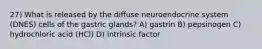 27) What is released by the diffuse neuroendocrine system (DNES) cells of the gastric glands? A) gastrin B) pepsinogen C) hydrochloric acid (HCl) D) intrinsic factor