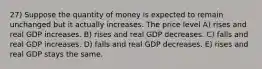 27) Suppose the quantity of money is expected to remain unchanged but it actually increases. The price level A) rises and real GDP increases. B) rises and real GDP decreases. C) falls and real GDP increases. D) falls and real GDP decreases. E) rises and real GDP stays the same.