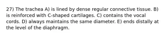 27) The trachea A) is lined by dense regular connective tissue. B) is reinforced with C-shaped cartilages. C) contains the vocal cords. D) always maintains the same diameter. E) ends distally at the level of the diaphragm.