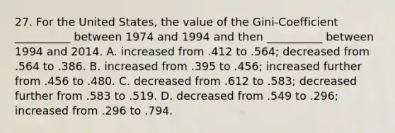 27. For the United States, the value of the Gini-Coefficient __________ between 1974 and 1994 and then __________ between 1994 and 2014. A. increased from .412 to .564; decreased from .564 to .386. B. increased from .395 to .456; increased further from .456 to .480. C. decreased from .612 to .583; decreased further from .583 to .519. D. decreased from .549 to .296; increased from .296 to .794.