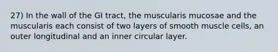 27) In the wall of the GI tract, the muscularis mucosae and the muscularis each consist of two layers of smooth muscle cells, an outer longitudinal and an inner circular layer.