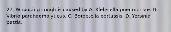 27. Whooping cough is caused by A. Klebsiella pneumoniae. B. Vibrio parahaemolyticus. C. Bordetella pertussis. D. Yersinia pestis.
