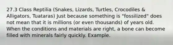 27.3 Class Reptilia (Snakes, Lizards, Turtles, Crocodiles & Alligators, Tuataras) Just because something is "fossilized" does not mean that it is millions (or even thousands) of years old. When the conditions and materials are right, a bone can become filled with minerals fairly quickly. Example.