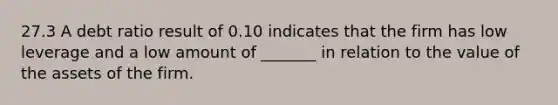 27.3 A debt ratio result of 0.10 indicates that the firm has low leverage and a low amount of _______ in relation to the value of the assets of the firm.