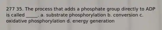 277 35. The process that adds a phosphate group directly to ADP is called _____. a. substrate phosphorylation b. conversion c. <a href='https://www.questionai.com/knowledge/kFazUb9IwO-oxidative-phosphorylation' class='anchor-knowledge'>oxidative phosphorylation</a> d. energy generation