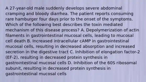 A 27-year-old male suddenly develops severe abdominal cramping and bloody diarrhea. The patient reports consuming rare hamburger four days prior to the onset of the symptoms. Which of the following best describes the toxin mediated mechanism of this disease process? A. Depolymerization of actin filaments in gastrointestinal mucosal cells, leading to mucosal cell death B. Increased intracellular cAMP in gastrointestinal mucosal cells, resulting in decreased absorption and increased secretion in the digestive tract C. Inhibition of elongation factor-2 (EF-2), resulting in decreased protein synthesis in gastrointestinal mucosal cells D. Inhibition of the 60S ribosomal subunit, resulting in decreased protein synthesis in gastrointestinal mucosal cells