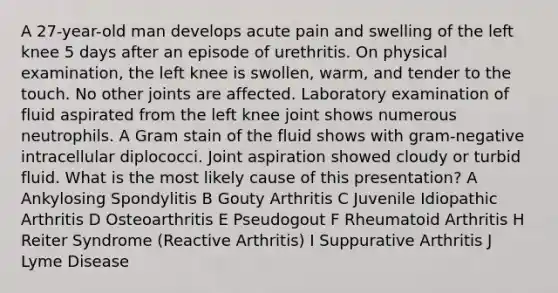 A 27-year-old man develops acute pain and swelling of the left knee 5 days after an episode of urethritis. On physical examination, the left knee is swollen, warm, and tender to the touch. No other joints are affected. Laboratory examination of fluid aspirated from the left knee joint shows numerous neutrophils. A Gram stain of the fluid shows with gram-negative intracellular diplococci. Joint aspiration showed cloudy or turbid fluid. What is the most likely cause of this presentation? A Ankylosing Spondylitis B Gouty Arthritis C Juvenile Idiopathic Arthritis D Osteoarthritis E Pseudogout F Rheumatoid Arthritis H Reiter Syndrome (Reactive Arthritis) I Suppurative Arthritis J Lyme Disease