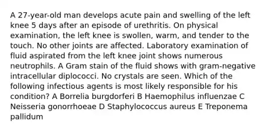 A 27-year-old man develops acute pain and swelling of the left knee 5 days after an episode of urethritis. On physical examination, the left knee is swollen, warm, and tender to the touch. No other joints are affected. Laboratory examination of fluid aspirated from the left knee joint shows numerous neutrophils. A Gram stain of the fluid shows with gram-negative intracellular diplococci. No crystals are seen. Which of the following infectious agents is most likely responsible for his condition? A Borrelia burgdorferi B Haemophilus influenzae C Neisseria gonorrhoeae D Staphylococcus aureus E Treponema pallidum