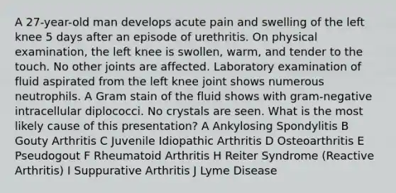 A 27-year-old man develops acute pain and swelling of the left knee 5 days after an episode of urethritis. On physical examination, the left knee is swollen, warm, and tender to the touch. No other joints are affected. Laboratory examination of fluid aspirated from the left knee joint shows numerous neutrophils. A Gram stain of the fluid shows with gram-negative intracellular diplococci. No crystals are seen. What is the most likely cause of this presentation? A Ankylosing Spondylitis B Gouty Arthritis C Juvenile Idiopathic Arthritis D Osteoarthritis E Pseudogout F Rheumatoid Arthritis H Reiter Syndrome (Reactive Arthritis) I Suppurative Arthritis J Lyme Disease